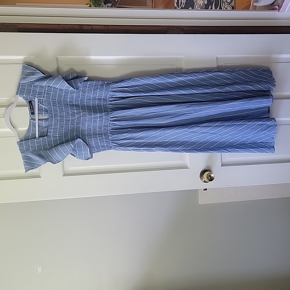 Pinstripe Smocked Midi Dress by Simplee Size Large Blue and White